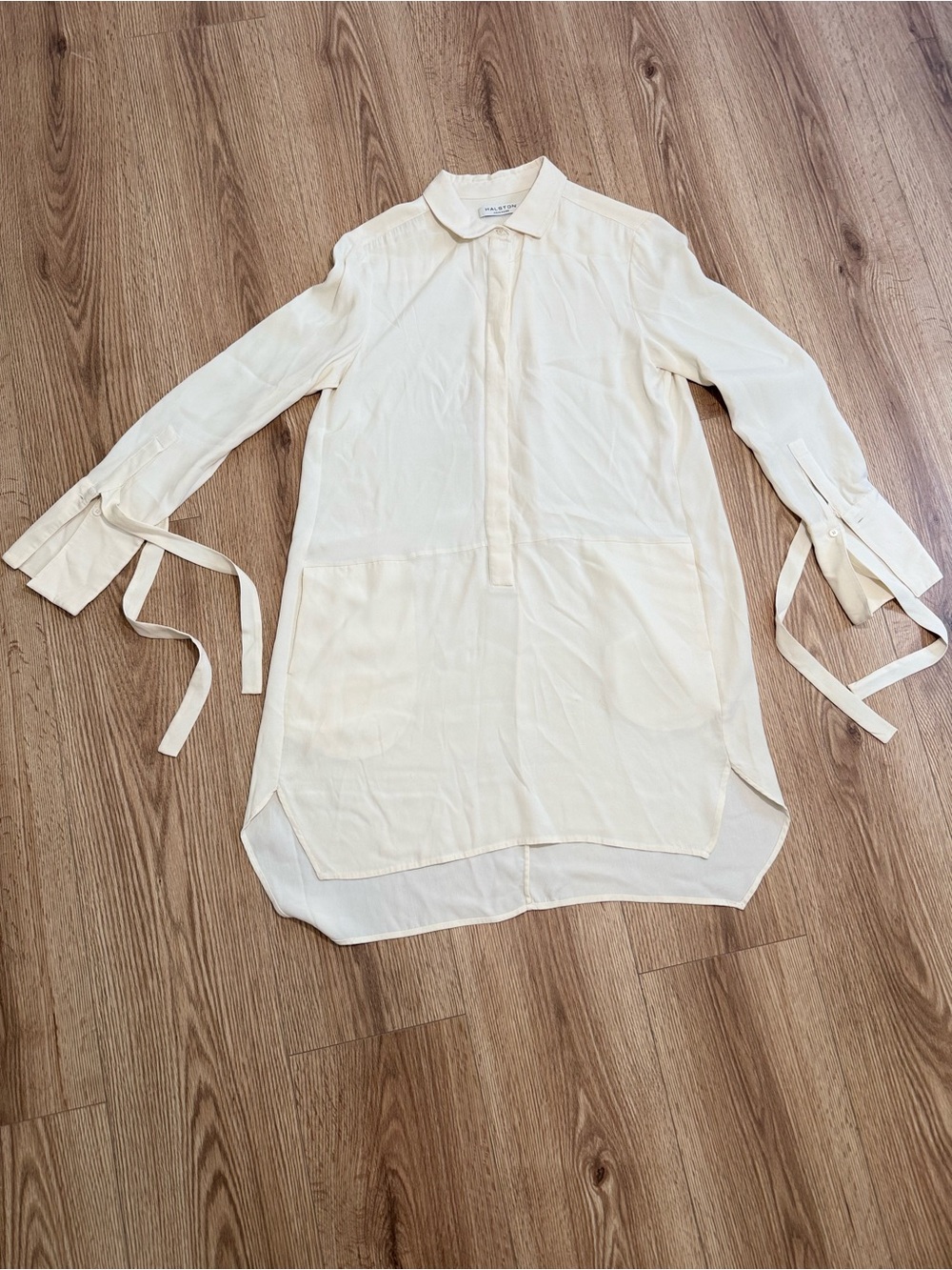 Halston Heritage Silk Blend Shirt Dress Tunic Ivory Long Sleeve Collared Size S